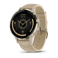 Garmin Venu 3S Soft gold stainless steel bezel with French grey case and leather band