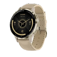 Garmin Venu 3S Soft gold stainless steel bezel with French grey case and leather band